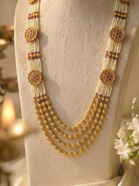 Vasundhara Ruby Pearl Long Necklace Set