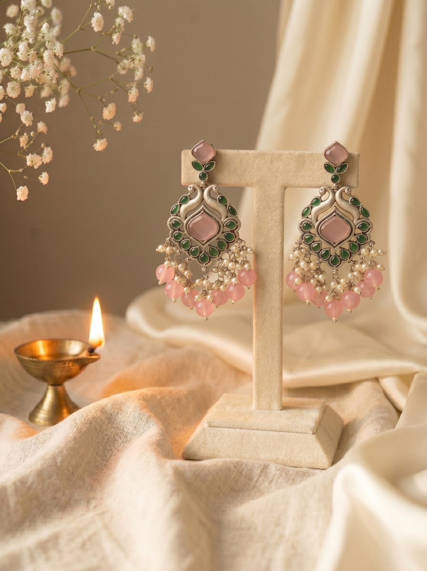 Naina Pink Rose Quartz Silver Earrings