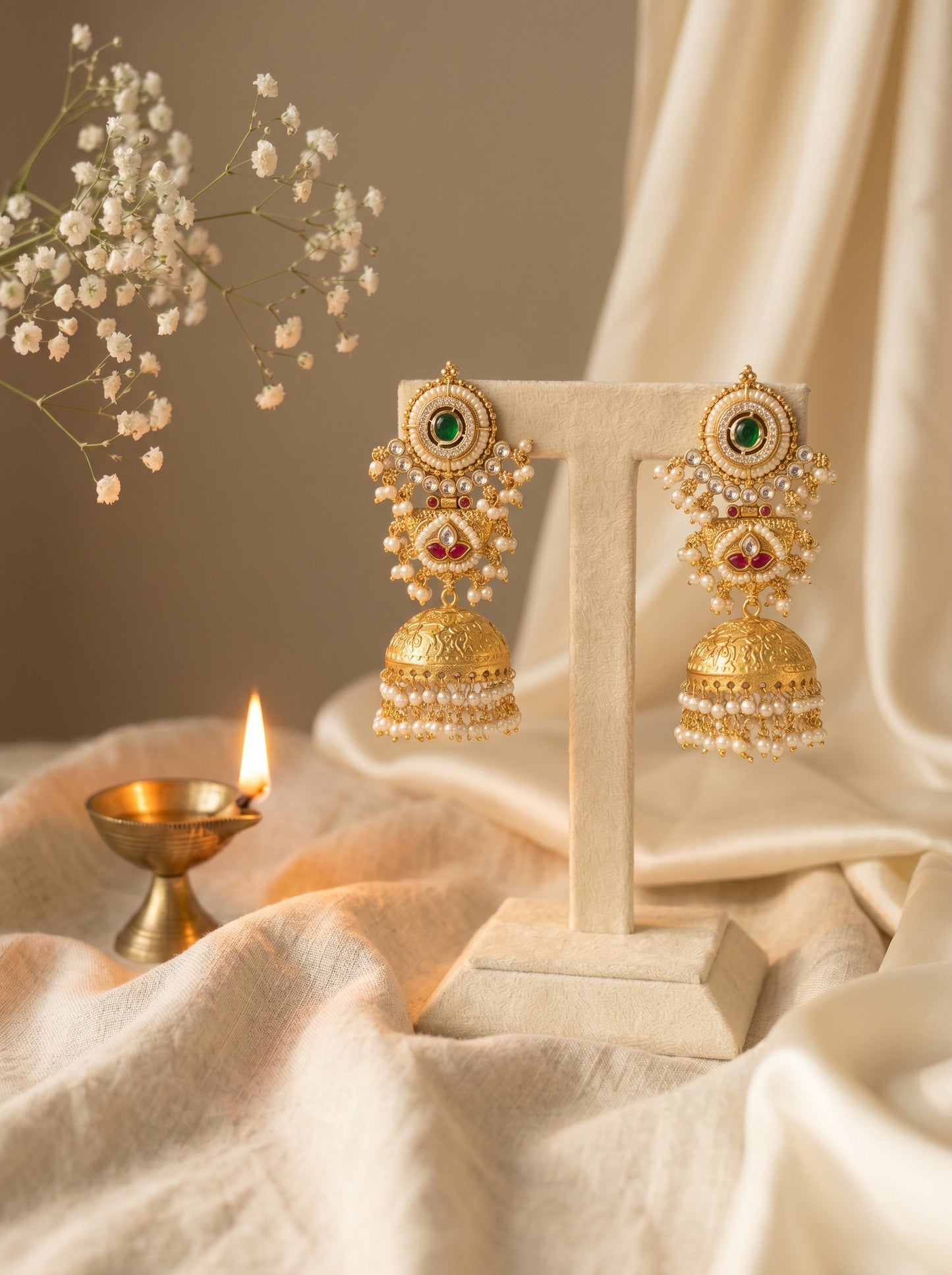 Tanishka Emerald Pearl Jhumki Earrings