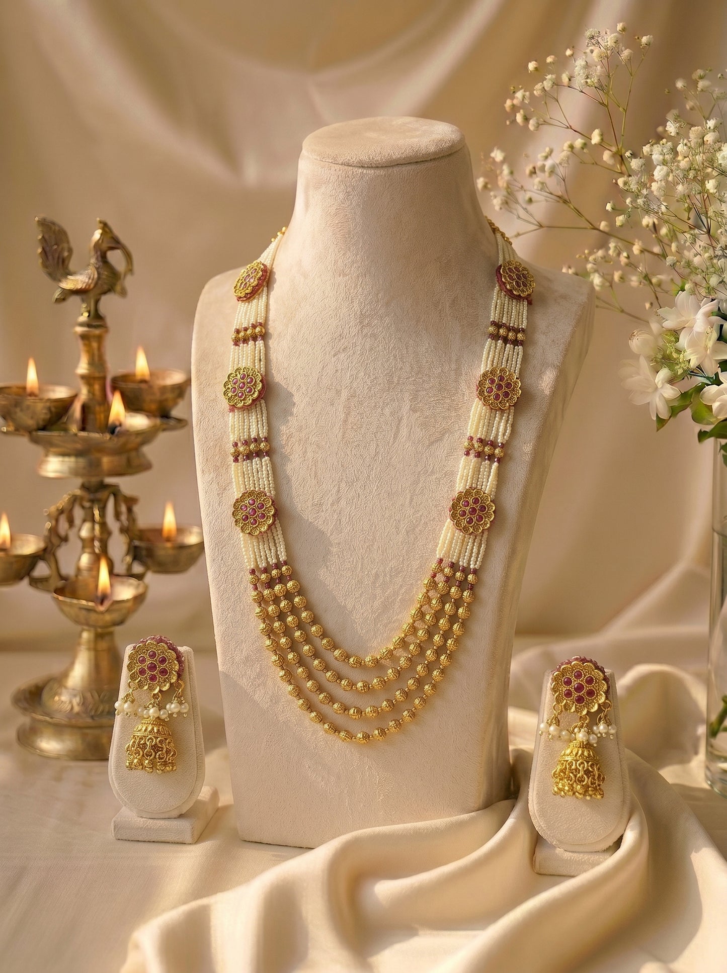 Vasundhara Ruby Pearl Long Necklace Set