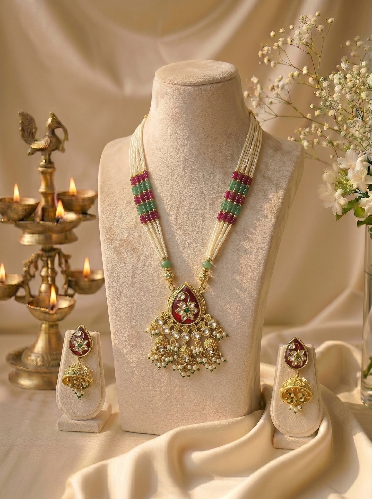 Kavya Ruby Emerald Pendant Set