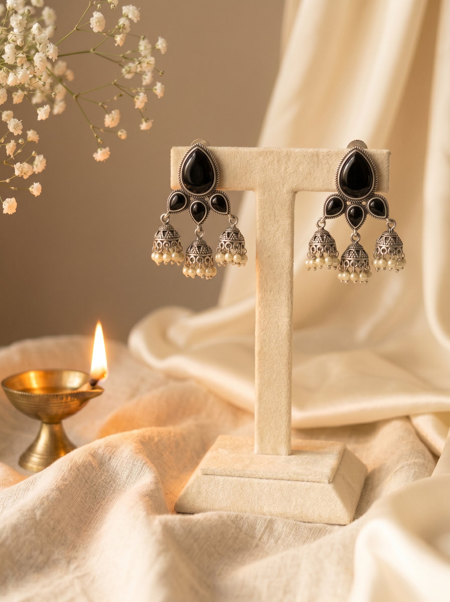 Kavita Black Onyx Triple Jhumki Earrings