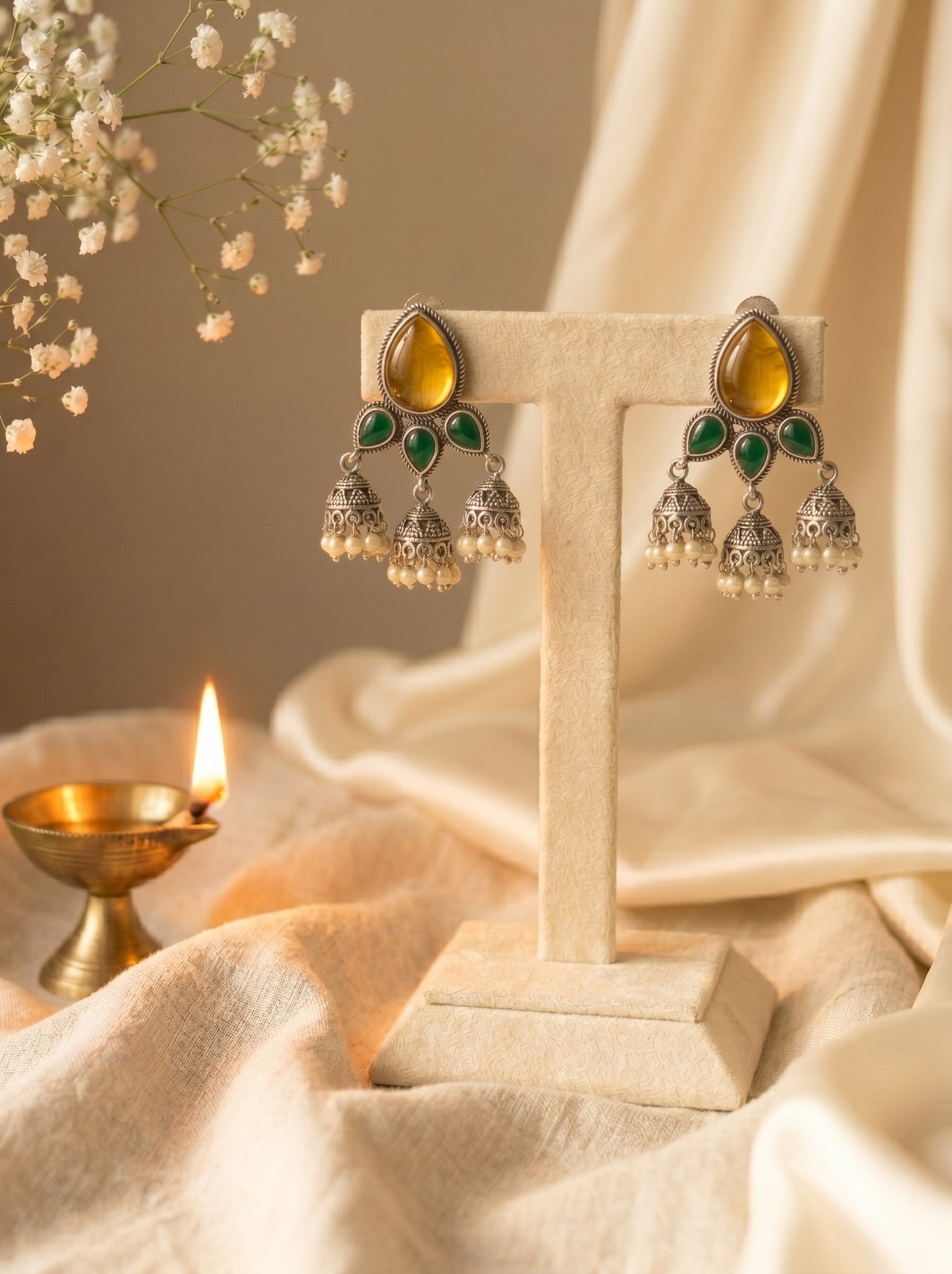 Kavita Yellow Emerald Triple Jhumki Earrings