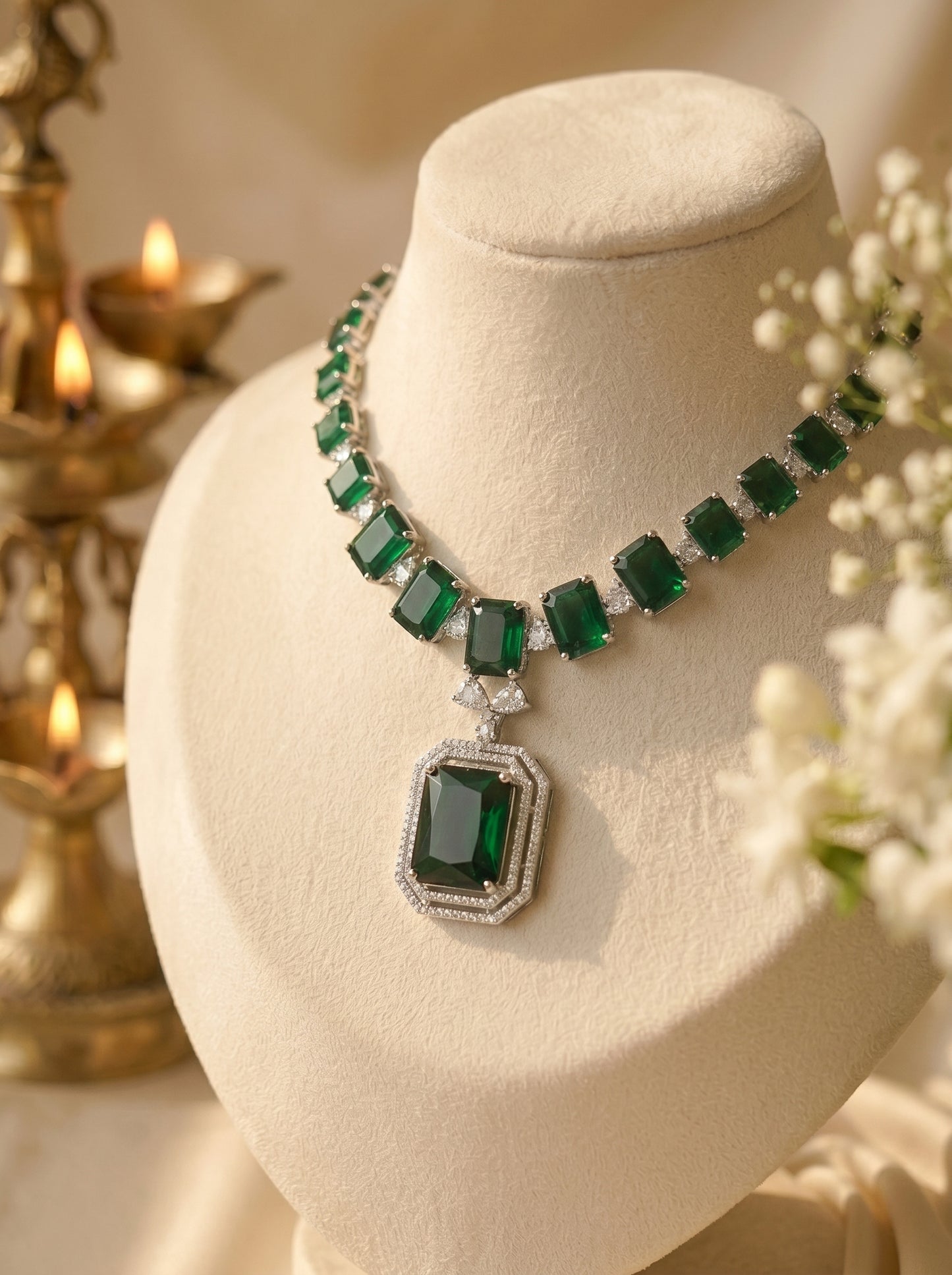 Zara Emerald Necklace Set w Rhodium Polish
