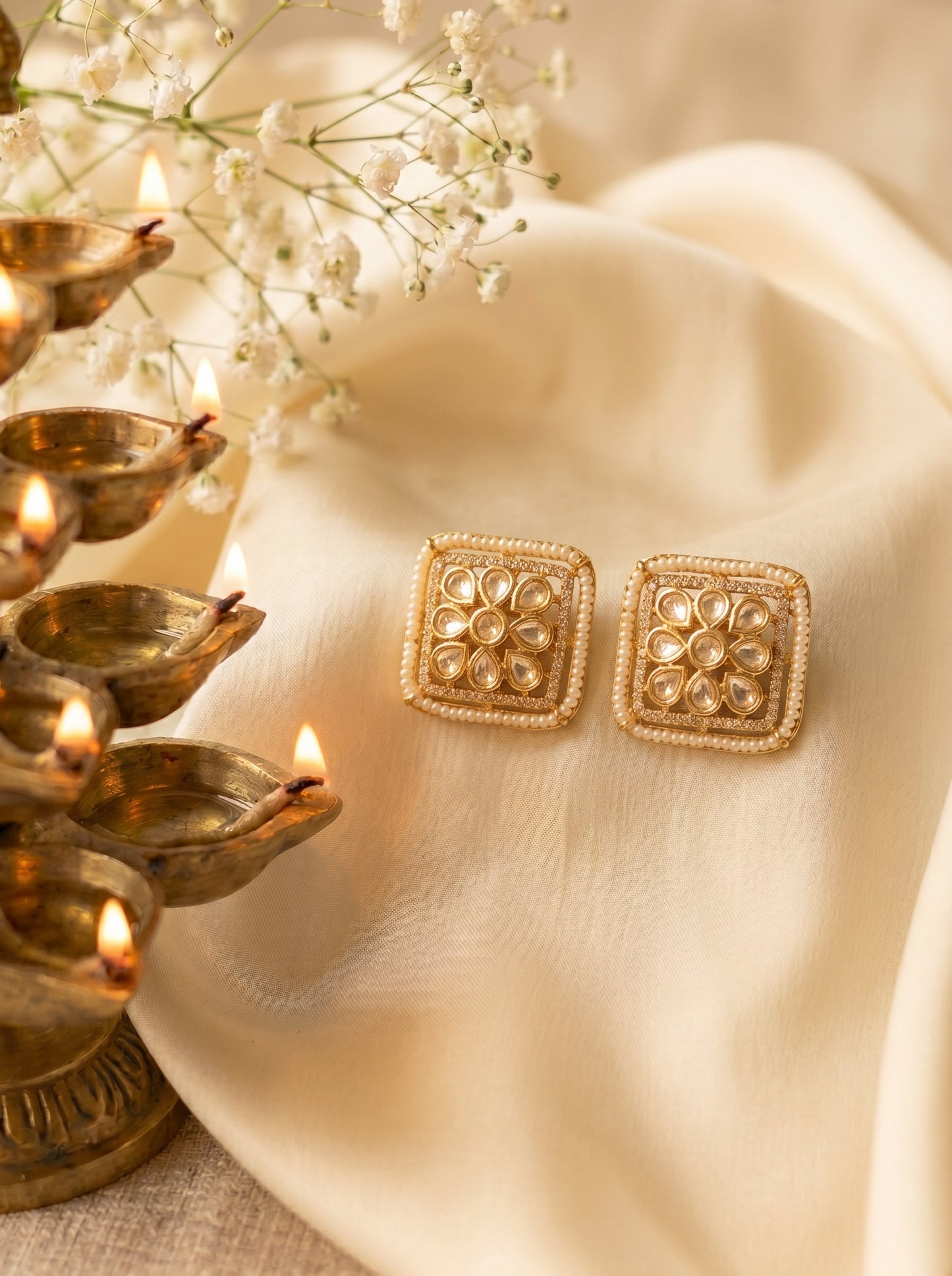 Lavanya Square Pearl Polki Studs