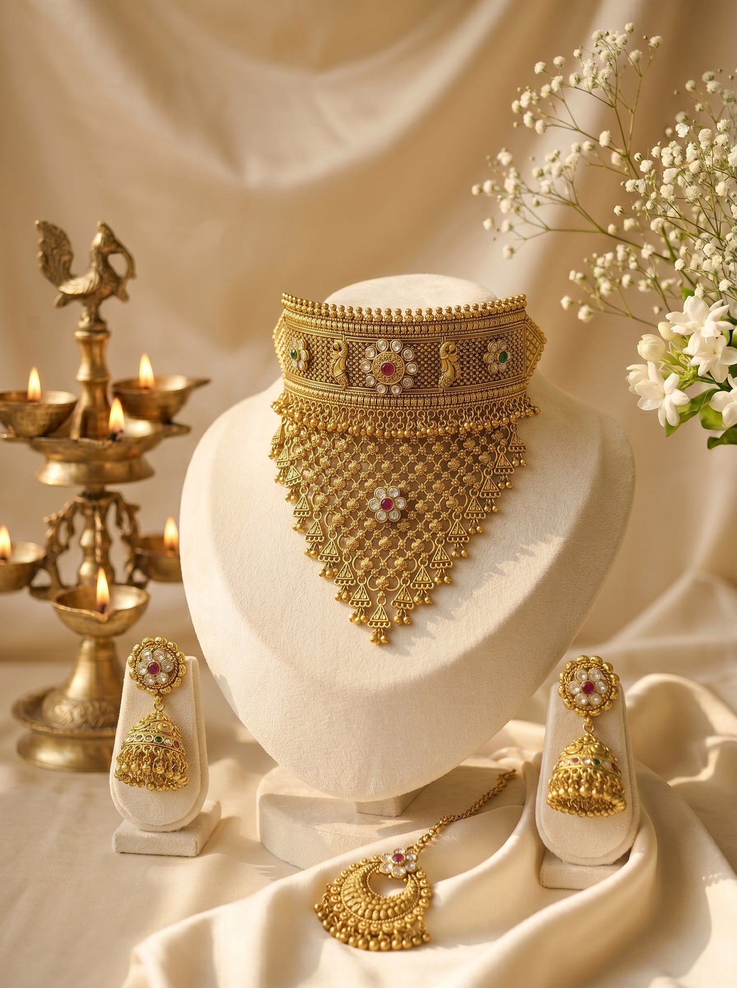 Jodha Bai Antique Gold Temple Choker Set with Maang Tikka