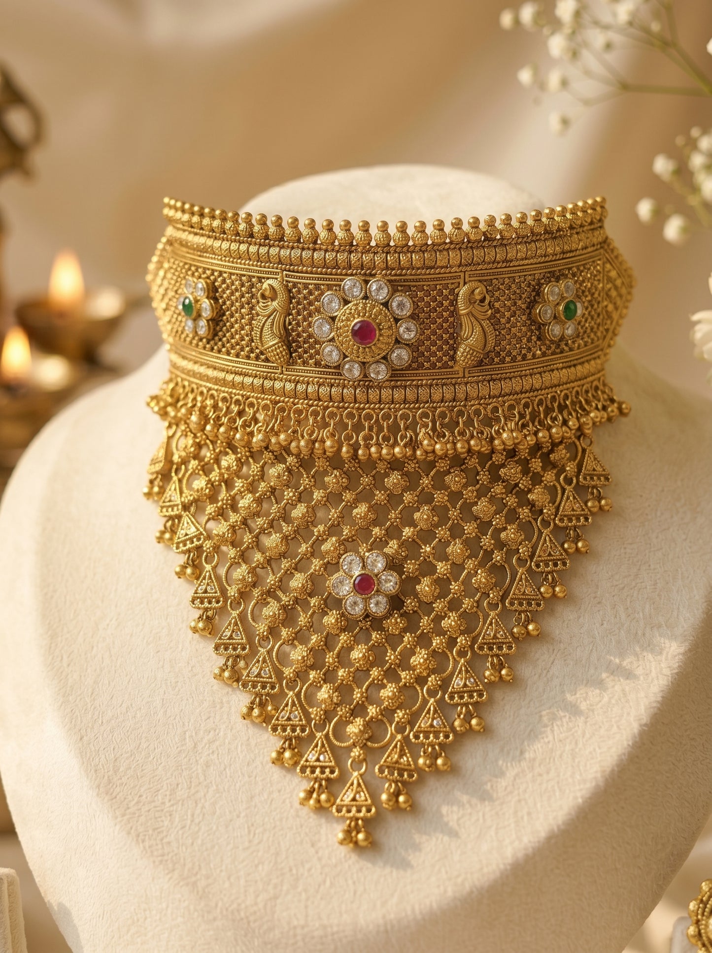 Jodha Bai Antique Gold Temple Choker Set with Maang Tikka