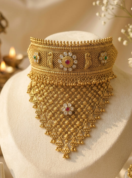 Jodha Bai Antique Gold Temple Choker Set with Maang Tikka
