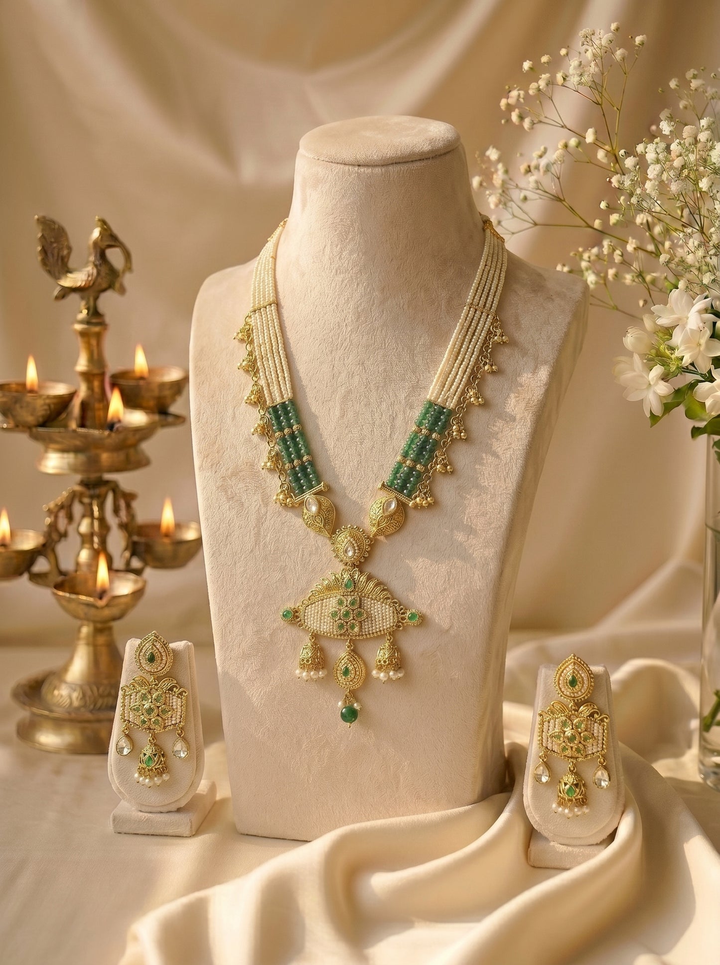 Eshana Emerald Pearl Heritage Pendant Set