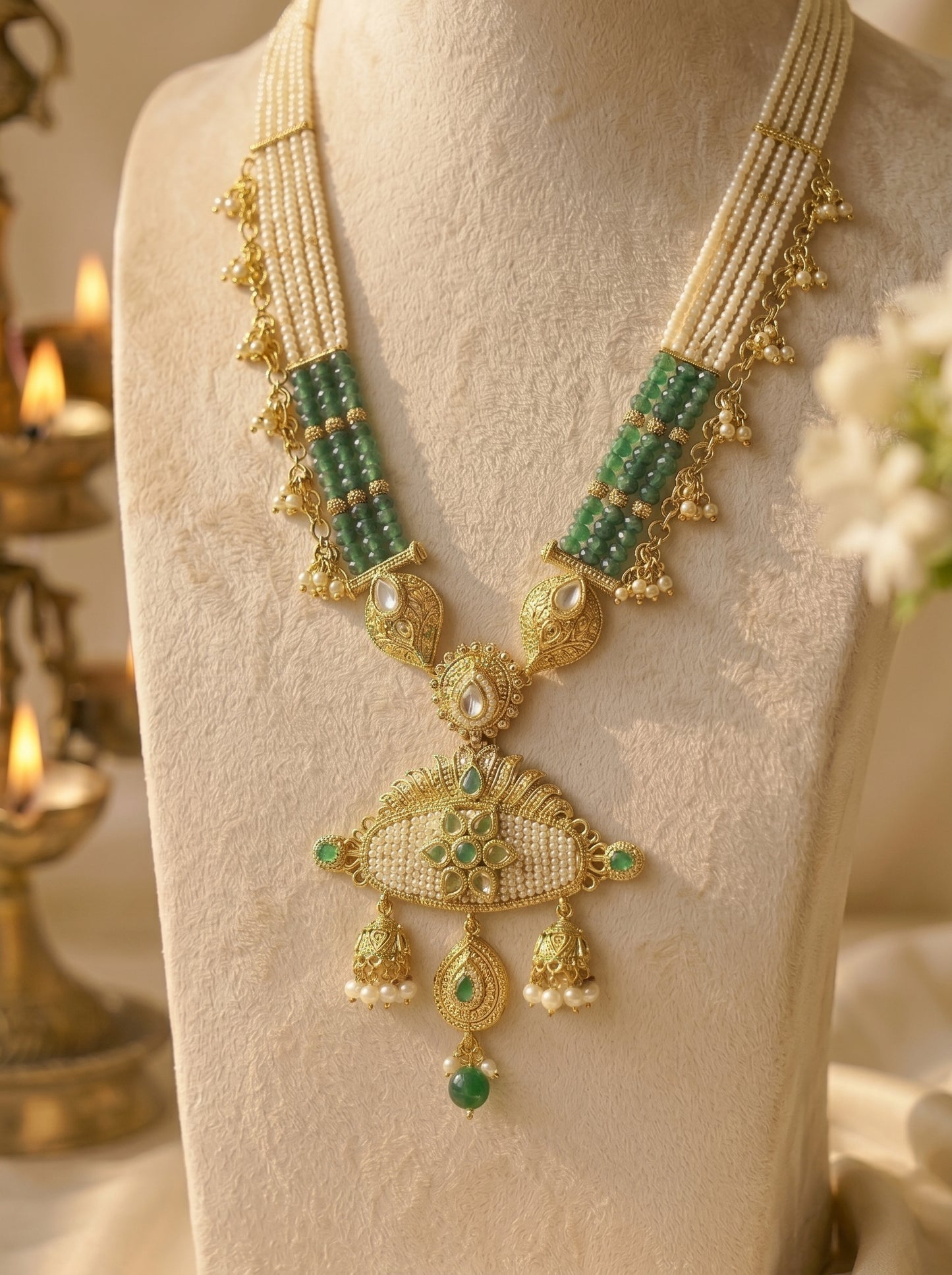 Eshana Emerald Pearl Heritage Pendant Set